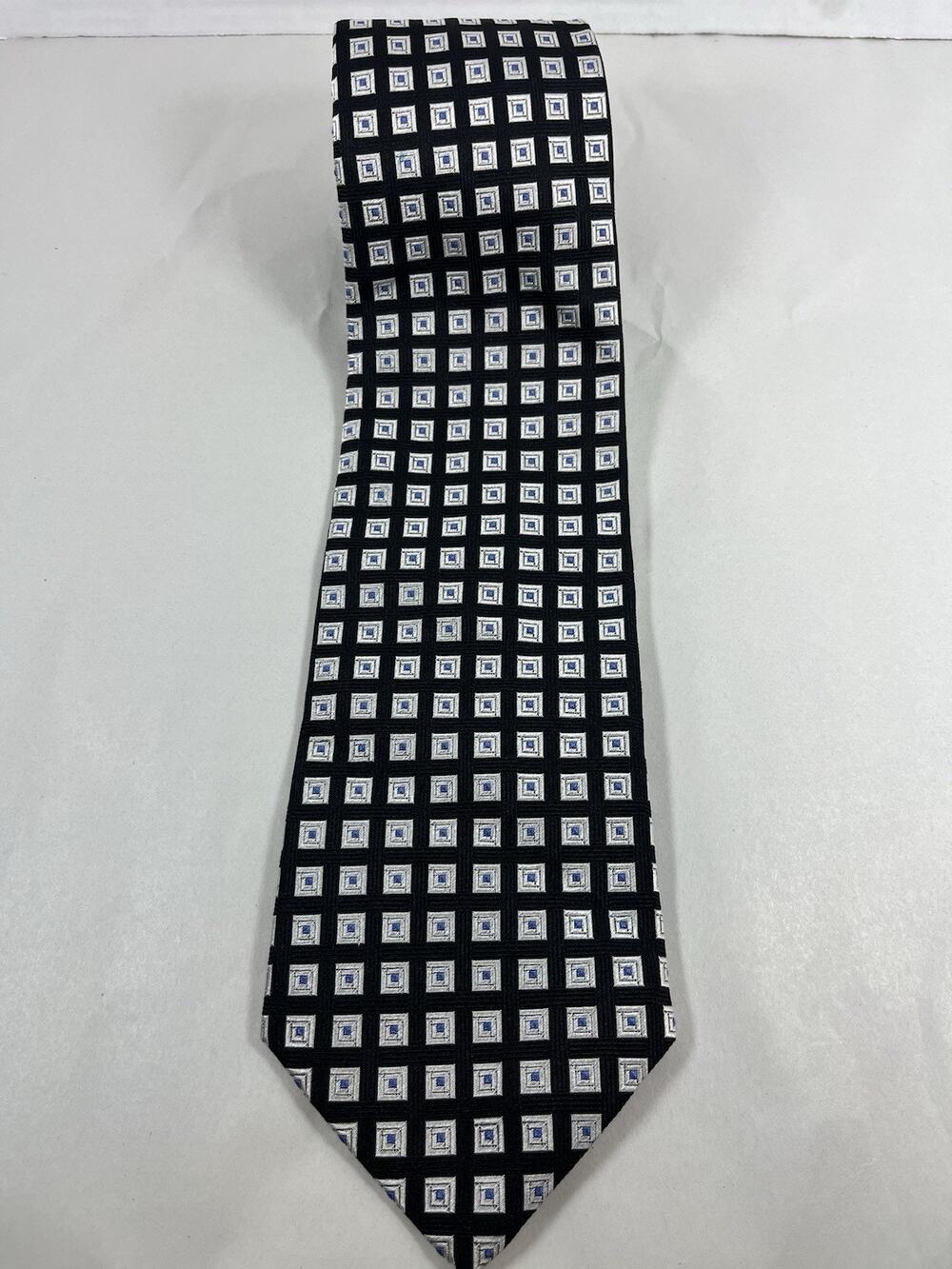 346 Brooks Brothers Mens Silk Tie Black Silver Blue Geometric Squares Necktie